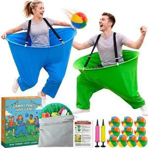 Granny Pants Yard Game for Adults, Big Pants Ball Catch Game with 2 Giant Pants, Balls, Pumps, Suspenders & Storage Bag, Outdoor Group Party Games for Backyard, BBQ, Field Day, Family Reunion Granny Pants Yard Game for Adults, Big Pants Ball Catch Game with 2 Giant Pants, Balls, Pumps, Suspenders & Storage Bag, Outdoor Group Party Games for Backyard, BBQ, Field Day, Family Reunion