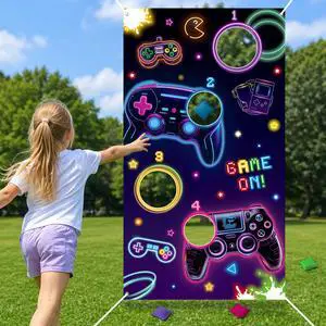 Neon Video Toss Game Set - 6Pcs Black Purple Hanging Banner with 4 Bean Bag 4 Holes Party Game for Indoor Outdoor Activities Kids Throwing Game Theme Birthday Party Carnivals Game Supplies Neon Video Toss Game Set - 6Pcs Black Purple Hanging Banner with 4 Bean Bag 4 Holes Party Game for Indoor Outdoor Activities Kids Throwing Game Theme Birthday Party Carnivals Game Supplies