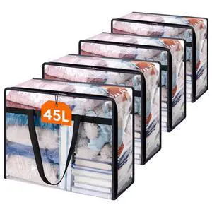4 Pack Clear Clothes Storage Bags, 45L Plastic Blanket Storage Bag, Vinyl Foldable Moving Bags with Zipper, Closet Organizers and Storage Containers for Bedding, Duvet, Comforter 4 Pack Clear Clothes Storage Bags, 45L Plastic Blanket Storage Bag, Vinyl Foldable Moving Bags with Zipper, Closet Organizers and Storage Containers for Bedding, Duvet, Comforter