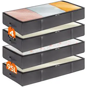 95L 4 Pack Under Bed Storage Containers, Large Capacity Blanket Storage Bags with Reinforced Handle, Organization and Storage for Comforters, Sheets, Clothes, Bedroom, College Dorm, Grey 95L 4 Pack Under Bed Storage Containers, Large Capacity Blanket Storage Bags with Reinforced Handle, Organization and Storage for Comforters, Sheets, Clothes, Bedroom, College Dorm, Grey