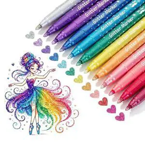 Glitter Marker Pens, 12 Pack, Assorted Colors, Medium Tip | Non-Toxic High-Pigment Water-Based Ink, Smooth & Quick-Dry for Crafts, Coloring, Journaling, Doodling Glitter Marker Pens, 12 Pack, Assorted Colors, Medium Tip | Non-Toxic High-Pigment Water-Based Ink, Smooth & Quick-Dry for Crafts, Coloring, Journaling, Doodling