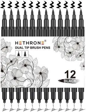 Black Markers for Drawing - Brush Pens with Felt Tips for Artists - Calligraphy Pens, 12 Pack Black Markers for Drawing - Brush Pens with Felt Tips for Artists - Calligraphy Pens, 12 Pack