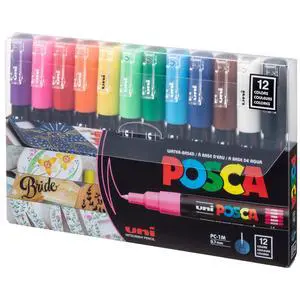 Posca Acrylic Paint Art Markers, Set of 12 Extra Fine Point Thin Paint Pens for Coloring Gifts, Fabric, Metal, Glass, Rocks, Wood and Canvas, Assorted Colors, PC1M12C Posca Acrylic Paint Art Markers, Set of 12 Extra Fine Point Thin Paint Pens for Coloring Gifts, Fabric, Metal, Glass, Rocks, Wood and Canvas, Assorted Colors, PC1M12C