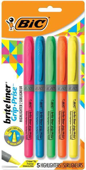 Brite Liner Grip Highlighter, Chisel Tip (1.6 mm), Assorted Colors, For Broad Highlighting & Fine Underlining, 5-Count Brite Liner Grip Highlighter, Chisel Tip (1.6 mm), Assorted Colors, For Broad Highlighting & Fine Underlining, 5-Count
