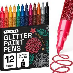12 Glitter Paint Pens for Glass Marking, Rock Painting, Ceramic, Wood, Fabric, Scrapbooking, DIY Craft Making, Coloring - Acrylic Paint Markers Extra-Fine Tip 0.7mm 12 Glitter Paint Pens for Glass Marking, Rock Painting, Ceramic, Wood, Fabric, Scrapbooking, DIY Craft Making, Coloring - Acrylic Paint Markers Extra-Fine Tip 0.7mm