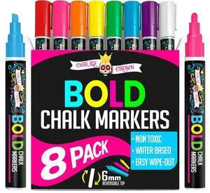 Bold Chalk Markers - Dry Erase Marker Pens - Liquid Chalk Markers for Chalkboards, Signs, Windows, Blackboard, Glass, Mirrors - Chalkboard Marker with Reversible Tip (8 Pack) - (Multicolored, 6mm) Bold Chalk Markers - Dry Erase Marker Pens - Liquid Chalk Markers for Chalkboards, Signs, Windows, Blackboard, Glass, Mirrors - Chalkboard Marker with Reversible Tip (8 Pack) - (Multicolored, 6mm)
