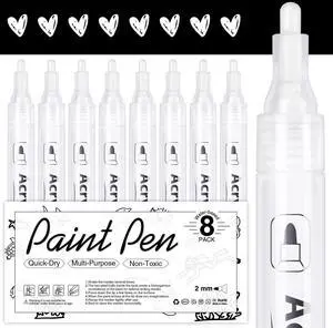 White Acrylic Paint Markers, 8 Pack Acrylic White Paint Pen Sets for Rock Painting, Wood, Stone, Glass, Ceramic, Paper, Drawing, Art Projects, DIY Crafts, Water-Based ink, 2-3mm Medium Tip White Acrylic Paint Markers, 8 Pack Acrylic White Paint Pen Sets for Rock Painting, Wood, Stone, Glass, Ceramic, Paper, Drawing, Art Projects, DIY Crafts, Water-Based ink, 2-3mm Medium Tip
