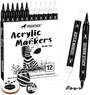 Black and White Acrylic Paint Markers, Dual Tip with Fine Tip and Brush Tip Pens for Fabric, Stone, Wood, Canvas, Ceramic, Metal, Glass, Rock Painting, DIY Crafts Black and White Acrylic Paint Markers, Dual Tip with Fine Tip and Brush Tip Pens for Fabric, Stone, Wood, Canvas, Ceramic, Metal, Glass, Rock Painting, DIY Crafts