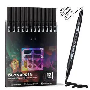 ZSCM Black Duo Tip Marker Pens, 12 Pack Fine & Brush Markers for Adult Coloring Books No Bleeding, Jet Black Markers for Outlining, Sketching, Japanese Manga, Calligraphy and Graphic Novels ZSCM Black Duo Tip Marker Pens, 12 Pack Fine & Brush Markers for Adult Coloring Books No Bleeding, Jet Black Markers for Outlining, Sketching, Japanese Manga, Calligraphy and Graphic Novels