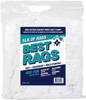 Premium T-Shirt Rags Bulk, 5 lb Bag, Cotton Cleaning Towels, Low Lint Knit Wiping Cloths for Paint, Stain, Grease, Shop and Auto Use, Quick Dry Machine Washable, White Premium T-Shirt Rags Bulk, 5 lb Bag, Cotton Cleaning Towels, Low Lint Knit Wiping Cloths for Paint, Stain, Grease, Shop and Auto Use, Quick Dry Machine Washable, White