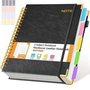 Hardcover Large Spiral Notebook 8.5" x 11" with Removable Dividers Tabs, 300 pages Leather 5 Subject Notebook College Ruled, A4 Journal for Women Men, Notebooks for Work School Note taking,Black Hardcover Large Spiral Notebook 8.5" x 11" with Removable Dividers Tabs, 300 pages Leather 5 Subject Notebook College Ruled, A4 Journal for Women Men, Notebooks for Work School Note taking,Black