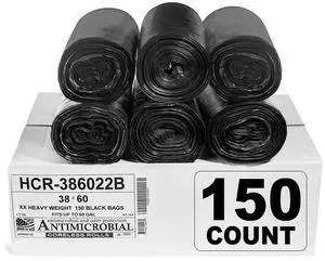 High Density Trash Bags, 60 Gallon, 150 Count, 22 Micron (eq), 38" x 60", Black, for Bathroom, Office, Industrial, Commercial, Janitorial, Municipal, Recycling High Density Trash Bags, 60 Gallon, 150 Count, 22 Micron (eq), 38" x 60", Black, for Bathroom, Office, Industrial, Commercial, Janitorial, Municipal, Recycling
