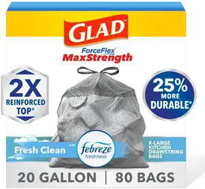 ForceFlex MaxStrength Kitchen Trash Bags, Rip and Tear Resistant, Fresh Clean Scented Large Garbage Bags, Odor Control, Febreze Freshness, 20 Gallon Trash Bags, 80 Count ForceFlex MaxStrength Kitchen Trash Bags, Rip and Tear Resistant, Fresh Clean Scented Large Garbage Bags, Odor Control, Febreze Freshness, 20 Gallon Trash Bags, 80 Count