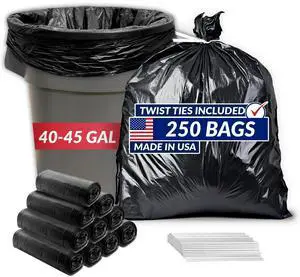 40 to 45 Gallon Trash Bags Heavy Duty | 250 Trash Bags with Ties | Super Sizeable, Black, Serious Garbage Cleanup 40 to 45 Gallon Trash Bags Heavy Duty | 250 Trash Bags with Ties | Super Sizeable, Black, Serious Garbage Cleanup