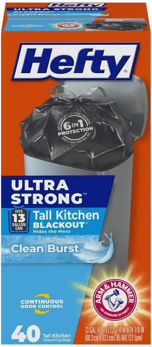Ultra Strong 13 Gallon Trash Bags, Black Tall Kitchen Trash Bags 13 Gallon Size, Break Resistant Drawstring Enclosure, Continuous Odor Control, Blackout, Clean Burst Scent, 40 Bags Ultra Strong 13 Gallon Trash Bags, Black Tall Kitchen Trash Bags 13 Gallon Size, Break Resistant Drawstring Enclosure, Continuous Odor Control, Blackout, Clean Burst Scent, 40 Bags