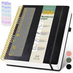 A4 Spiral Notebook Journal 8.5 x 11, 256 Numbered Pages Hardcover Leather Journals for Women Men, Large Lined College Ruled Notebooks, 100GSM Thick Paper, Spiral Bound Journal for Work School, Black A4 Spiral Notebook Journal 8.5 x 11, 256 Numbered Pages Hardcover Leather Journals for Women Men, Large Lined College Ruled Notebooks, 100GSM Thick Paper, Spiral Bound Journal for Work School, Black