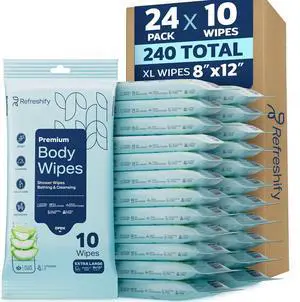 240 XL Shower Wipes Body Wipes for Adults Bathing No Rinse 24 Packs of 10 Extra Moist Bath with Aloe & Vitamin E for Camping, Travel, Gym & Bedridden Care 240 XL Shower Wipes Body Wipes for Adults Bathing No Rinse 24 Packs of 10 Extra Moist Bath with Aloe & Vitamin E for Camping, Travel, Gym & Bedridden Care