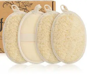 4 Pack Natural Loofah Exfoliating Body Scrubber Pads,Large Size 6.3x4.3 Inch Shower Loofah Sponges with Elastic Strap & Hanging Loop, Bath Scrubber for Adults 4 Pack Natural Loofah Exfoliating Body Scrubber Pads,Large Size 6.3x4.3 Inch Shower Loofah Sponges with Elastic Strap & Hanging Loop, Bath Scrubber for Adults