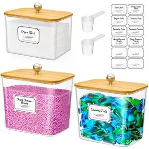 Laundry Pods Container with Lid, Dryer Sheet Holder, Room Organization Storage for Coffee Pods Kcup Washing Powder, Scent Booster Beads, 2600 +2000ml/0.53+0.7galNatural,3 Pcs Laundry Pods Container with Lid, Dryer Sheet Holder, Room Organization Storage for Coffee Pods Kcup Washing Powder, Scent Booster Beads, 2600 +2000ml/0.53+0.7galNatural,3 Pcs