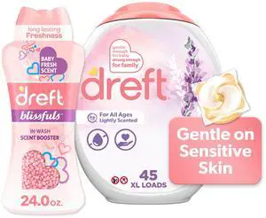 Laundry Bundle: Dreft Detergent Pacs, Lightly Scented, Lavender, HE Compatible, 45 Count + Dreft Blissfuls In-Wash Scent Booster Beads, Baby Fresh Scent, 24 oz Laundry Bundle: Dreft Detergent Pacs, Lightly Scented, Lavender, HE Compatible, 45 Count + Dreft Blissfuls In-Wash Scent Booster Beads, Baby Fresh Scent, 24 oz