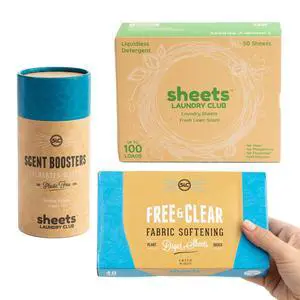 Bundle - 50 Pack (up to 100 loads) Fresh Linen Detergent Sheets, 40 Pack Free & Clear Dryer Sheets & 8 Oz. Uncharted Waters Scent Booster - New Liquidless Technology Bundle - 50 Pack (up to 100 loads) Fresh Linen Detergent Sheets, 40 Pack Free & Clear Dryer Sheets & 8 Oz. Uncharted Waters Scent Booster - New Liquidless Technology