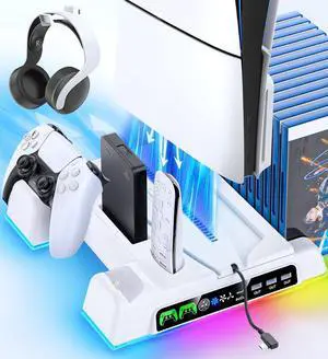 Cooling Stand for PS5/ Slim/Pro Disc & Digital Console, PS5 Cooling Station with Dual Controller Charging Station for PlayStation 5 Console, P S5 Accessories Stand with AUTO Adjustable Fan Cooling Stand for PS5/ Slim/Pro Disc & Digital Console, PS5 Cooling Station with Dual Controller Charging Station for PlayStation 5 Console, P S5 Accessories Stand with AUTO Adjustable Fan
