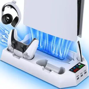 PS5/PS5 Slim/PS5 Pro Stand and Cooling Station with Dual Controller Charging Station for PlayStation 5 Console, PS5 Accessories Incl. Controller Charger, Cooling Fan, Headset Holder, 3 USB Hub, White PS5/PS5 Slim/PS5 Pro Stand and Cooling Station with Dual Controller Charging Station for PlayStation 5 Console, PS5 Accessories Incl. Controller Charger, Cooling Fan, Headset Holder, 3 USB Hub, White