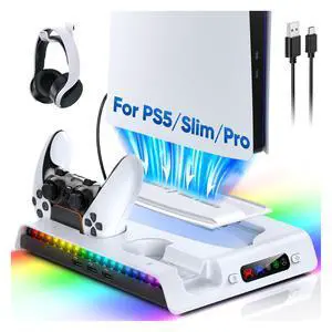 Charging Stand with Cooling Fan for PS5 Original/Slim/Pro, Dual Controller Charger Station with 9 RGB Lights, Headset Hook, 3 Cooler Fans and LED, Accessories Kit for PS5/Slim/Pro Console Charging Stand with Cooling Fan for PS5 Original/Slim/Pro, Dual Controller Charger Station with 9 RGB Lights, Headset Hook, 3 Cooler Fans and LED, Accessories Kit for PS5/Slim/Pro Console