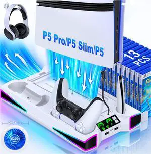 PS5 Stand, PS5/Slim/Pro Cooling Station with 2.36in Cooling Fan, Controller Charger Station for PS5 Accessories, RGB Light, Headset Holder, 3 Charger Ports for PlayStation 5 Slim/Pro Console PS5 Stand, PS5/Slim/Pro Cooling Station with 2.36in Cooling Fan, Controller Charger Station for PS5 Accessories, RGB Light, Headset Holder, 3 Charger Ports for PlayStation 5 Slim/Pro Console