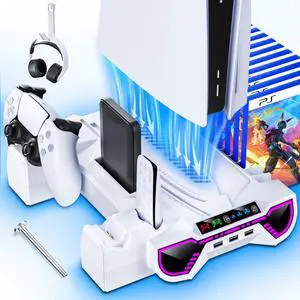 Cooling Station with Controller Charging Station for PlayStation 5/Slim/Pro Console, Cooling Stand with Controller Charger - LED Sunglass Design, Turbo Fan, Headset Holder, 3 USB Hub, White Cooling Station with Controller Charging Station for PlayStation 5/Slim/Pro Console, Cooling Stand with Controller Charger - LED Sunglass Design, Turbo Fan, Headset Holder, 3 USB Hub, White
