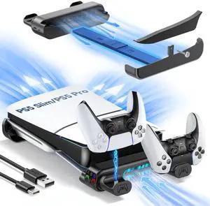 PS5 Slim/Pro Horizontal Stand, PS5 Cooling Station with Dual Controller Charger for Disc & Digital Versions, 3-Level Cooling Fan - Black (NOT Fit 2020 PS 5 Regular Version), for Playstation Console PS5 Slim/Pro Horizontal Stand, PS5 Cooling Station with Dual Controller Charger for Disc & Digital Versions, 3-Level Cooling Fan - Black (NOT Fit 2020 PS 5 Regular Version), for Playstation Console