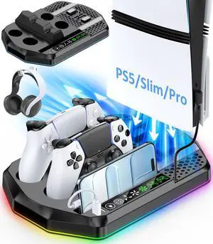 Cooling Station with Controller Charger for PS5/Slim/Pro, PlayStation 5 Vertical Stand for Disc & Digital Console, Dual PS 5 Controller Charging Station with 3 Level Cooling Fan, PS5 Accessory - Black Cooling Station with Controller Charger for PS5/Slim/Pro, PlayStation 5 Vertical Stand for Disc & Digital Console, Dual PS 5 Controller Charging Station with 3 Level Cooling Fan, PS5 Accessory - Black