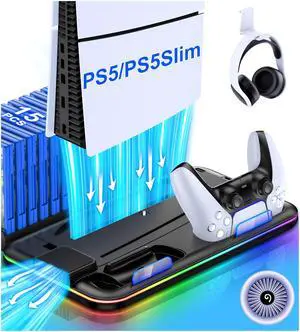 PS5/PS5 Slim Stand and Cooling Station with Controller Charging Station for Playsation 5, PS5 Accessories Kit Incl. 3 Levels Cooling Fan, LED, 15 Game Slot, Headset Holder for PS5 Digital/Disc Console PS5/PS5 Slim Stand and Cooling Station with Controller Charging Station for Playsation 5, PS5 Accessories Kit Incl. 3 Levels Cooling Fan, LED, 15 Game Slot, Headset Holder for PS5 Digital/Disc Console