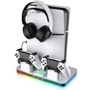 PS5/Pro/Slim Stand and Cooling Station with Dual Controller Charger for Playsation 5 Disc&Digital Consoles, RGB Light, Cooling Fan, Headset Holder PS5 Accessories 3 USB Hub(1x3.0 & 2x2.0) PS5/Pro/Slim Stand and Cooling Station with Dual Controller Charger for Playsation 5 Disc&Digital Consoles, RGB Light, Cooling Fan, Headset Holder PS5 Accessories 3 USB Hub(1x3.0 & 2x2.0)