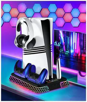 PS5 Stand with Hexagon RGB Aesthetics,PS5 Cooling Station for PlayStation 5 Slim Pro Disc Digital Console with Cooling Fan,Dual Controller Fast Charger USB Hub Headset Holder Game Storage (Black) PS5 Stand with Hexagon RGB Aesthetics,PS5 Cooling Station for PlayStation 5 Slim Pro Disc Digital Console with Cooling Fan,Dual Controller Fast Charger USB Hub Headset Holder Game Storage (Black)