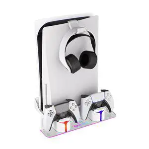 PS5 Wall Mount Kit with Charging Station, Compatible with PlayStation 5/Slim/Pro Disc & Digital Version, Dual Use Charging Station with Multi-Mode RGB Light, White PS5 Wall Mount Kit with Charging Station, Compatible with PlayStation 5/Slim/Pro Disc & Digital Version, Dual Use Charging Station with Multi-Mode RGB Light, White