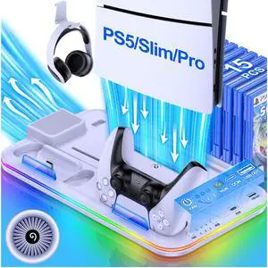 PS5/Slim/Pro Stand and Cooling Station with Controller Charging Station for Digital/Disc, PS5 Accessories Incl. 3 Levels Cooling Fan, LED Light, 15 Game Storage, Headset Holder for Playsation 5 White PS5/Slim/Pro Stand and Cooling Station with Controller Charging Station for Digital/Disc, PS5 Accessories Incl. 3 Levels Cooling Fan, LED Light, 15 Game Storage, Headset Holder for Playsation 5 White