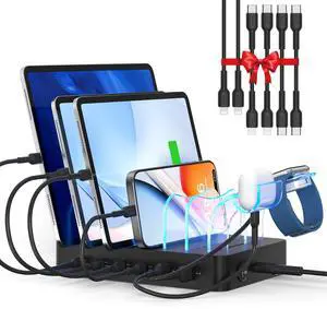 90W Charging Station for Multiple Devices, 6 Port Multi USB C Charger Station with 6 Mixed Short Cables,PD 20W Charging Dock for lPhone,Galaxy,iPad,Tablet and More Electronic Devices,Black 90W Charging Station for Multiple Devices, 6 Port Multi USB C Charger Station with 6 Mixed Short Cables,PD 20W Charging Dock for lPhone,Galaxy,iPad,Tablet and More Electronic Devices,Black