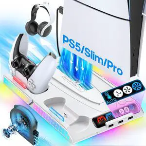 Cooling Station and Stand for PS5/Slim/Pro, PS5 Cooling Fan Auto Control for Digital/Disc Console, PS 5 Controller Charger, Play 5 Gaming Accessories with 9 RGB Lights, PS5 Charger Cooling Station and Stand for PS5/Slim/Pro, PS5 Cooling Fan Auto Control for Digital/Disc Console, PS 5 Controller Charger, Play 5 Gaming Accessories with 9 RGB Lights, PS5 Charger