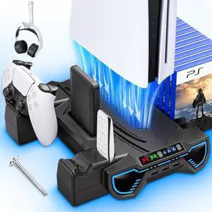 Cooling Station for PS5/Slim/Pro - Controller Charging Station with LED Stand for PlayStation 5 Console - Charger for PS5 Controller, Cooling Stand Accessory Kit-Cooler Fan/Headset Holder, Black Cooling Station for PS5/Slim/Pro - Controller Charging Station with LED Stand for PlayStation 5 Console - Charger for PS5 Controller, Cooling Stand Accessory Kit-Cooler Fan/Headset Holder, Black