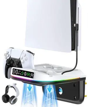 PS5 Wall Mount Kit with Cooling Fan and Charging Station Compatible with PS5/ Slim/Pro Disc and Digital, PS Five Floating Shelf with 9 RGB Lights, PS 5 Mount Behind TV, Sony PSP Cables PS5 Wall Mount Kit with Cooling Fan and Charging Station Compatible with PS5/ Slim/Pro Disc and Digital, PS Five Floating Shelf with 9 RGB Lights, PS 5 Mount Behind TV, Sony PSP Cables