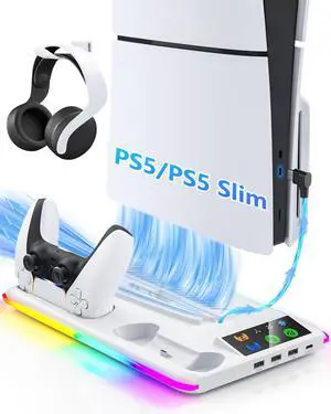 Controller Charger for PS5/PS5 Slim/Pro: PS5 Stand Cooling Fan and Controller Charger Station, PS5/PS5 Slim/Pro Accessories Vertical Charging Dock for PlayStation 5 Console (White) Controller Charger for PS5/PS5 Slim/Pro: PS5 Stand Cooling Fan and Controller Charger Station, PS5/PS5 Slim/Pro Accessories Vertical Charging Dock for PlayStation 5 Console (White)