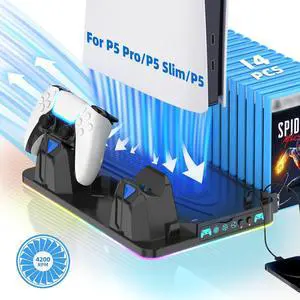 PS5/Slim/Pro Cooling Stand for Disc&Digital with Dual Controller Charging, Multi-Function P5 Accessories 3-Level Cooling Fan, 9 Lighting Modes with Games Storage Slot, Black PS5/Slim/Pro Cooling Stand for Disc&Digital with Dual Controller Charging, Multi-Function P5 Accessories 3-Level Cooling Fan, 9 Lighting Modes with Games Storage Slot, Black