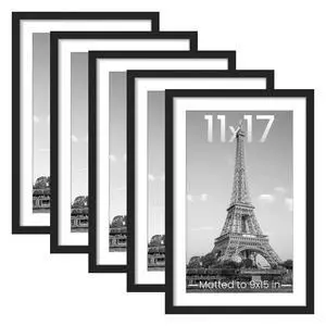 11x17 Picture Frame Set of 5, Display Pictures 9x15 with Mat or 11 x 17 Without, Wall Gallery Poster Frames, Black 11x17 Picture Frame Set of 5, Display Pictures 9x15 with Mat or 11 x 17 Without, Wall Gallery Poster Frames, Black