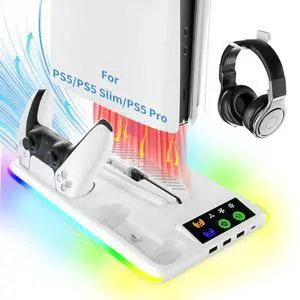 Stand for PS5/Slim/Pro, PS5 Charger with 3USB & 1Type-C Ports, Vertical Cooling Fans and Dual Controller Charging Station, LED Light Stand for PS5/Slim/Pro Console Stand for PS5/Slim/Pro, PS5 Charger with 3USB & 1Type-C Ports, Vertical Cooling Fans and Dual Controller Charging Station, LED Light Stand for PS5/Slim/Pro Console