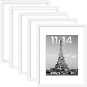 11x14 Picture Frame Set of 5, Display Pictures 8x10 with Mat or 11x14 Without Mat, Wall Gallery Photo Frames, White 11x14 Picture Frame Set of 5, Display Pictures 8x10 with Mat or 11x14 Without Mat, Wall Gallery Photo Frames, White