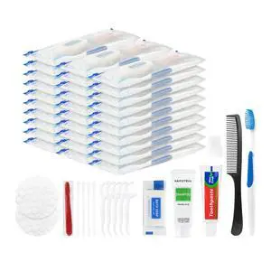 7-in-1 Travel Toiletries Kit Bulk, Disposable Personal Hygiene Kit with Toothbrush, Toothpaste, Floss, Shampoo, Soap, Comb, Vanity Kit with Zip Bag for Hotel Guest Donations Supplies, Pack of 10 7-in-1 Travel Toiletries Kit Bulk, Disposable Personal Hygiene Kit with Toothbrush, Toothpaste, Floss, Shampoo, Soap, Comb, Vanity Kit with Zip Bag for Hotel Guest Donations Supplies, Pack of 10
