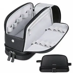 Toiletry Bag for Men, Large PU Leather Dopp Kit with Waterproof Wet Pocket, Double Layer Travel Toiletry Organizer with Brush Compartment, Shaving Bag with Handle, Black Toiletry Bag for Men, Large PU Leather Dopp Kit with Waterproof Wet Pocket, Double Layer Travel Toiletry Organizer with Brush Compartment, Shaving Bag with Handle, Black