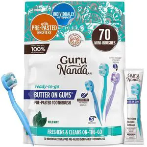 Mini Disposable Toothbrushes with Toothpaste & Toothpick, Prepasted Ready-to-Go Travel Toothbrush with Butter on Gums Bristles - Fluoride Free, No Rinsing, Individually Wrapped, 70 Ct Mini Disposable Toothbrushes with Toothpaste & Toothpick, Prepasted Ready-to-Go Travel Toothbrush with Butter on Gums Bristles - Fluoride Free, No Rinsing, Individually Wrapped, 70 Ct