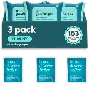 Flushable Wipes - Shea-Coco Wet Wipes for Adults, Sewer & Septic Safe, Guest Bathroom Essentials for Women & Men, pH Balanced & Extra Large, 153 Count (3 Packs and 3 Singles) Flushable Wipes - Shea-Coco Wet Wipes for Adults, Sewer & Septic Safe, Guest Bathroom Essentials for Women & Men, pH Balanced & Extra Large, 153 Count (3 Packs and 3 Singles)